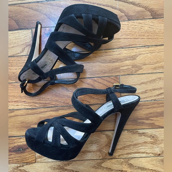 Miu Miu  Black Suede Platform Crisscross Sandal Heels, size 36 - Picture 4 of 12